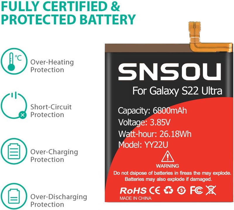 SNRONEW Galaxy S22 Ultra Battery, (2024 Upgraded) 6800mAh EB-BS908ABY Li-Polymer Battery Replacement Compatible with Galaxy S22 Ultra 5G SM-S908U with Screwdriver Tool Kit - Image 3